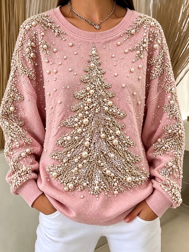 Women Christmas Tree Crew Neck Casual Spring/Fall Long Sleeve Sweatshirt