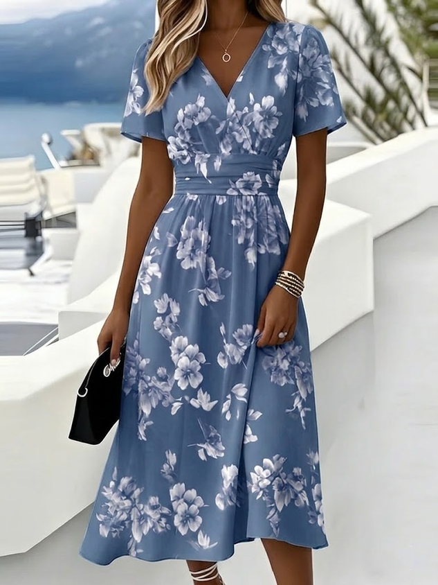 Women Floral Short Sleeve V Neck Dress Daily Elegant Maxi Beach Dress A-Line Summer Dress