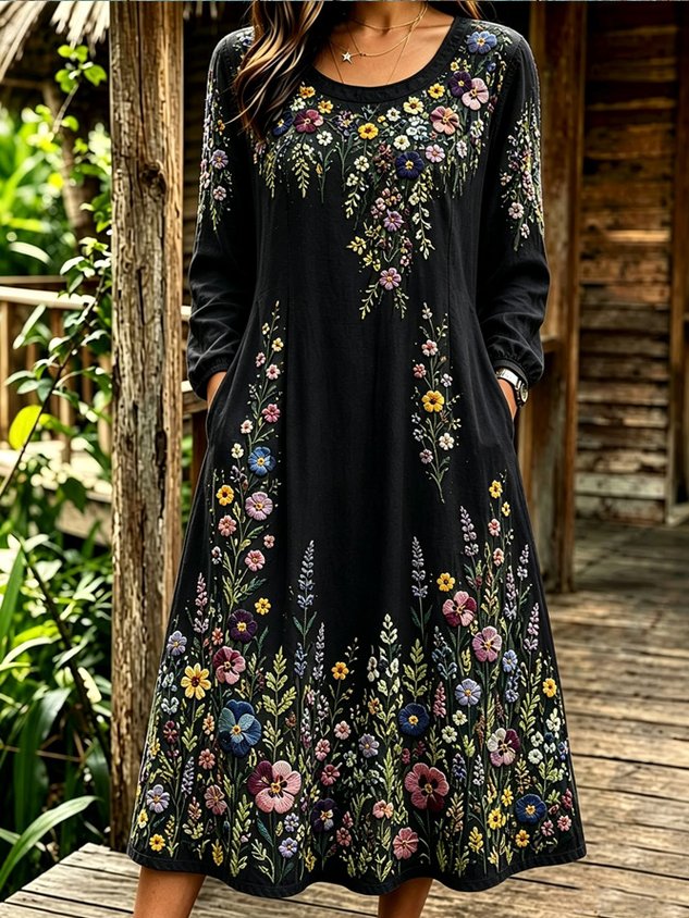Women Floral Long Sleeve Crew Neck Dress Daily Vintage Maxi Linen H-Line Spring/Fall Dress