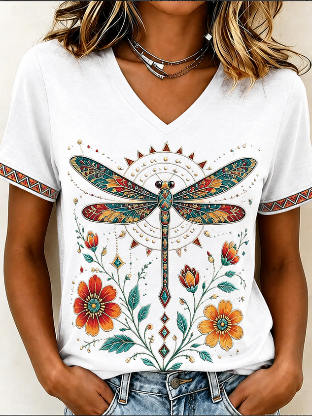 Women Geometric Short Sleeve Tee T-shirt V Neck Vintage Summer Top