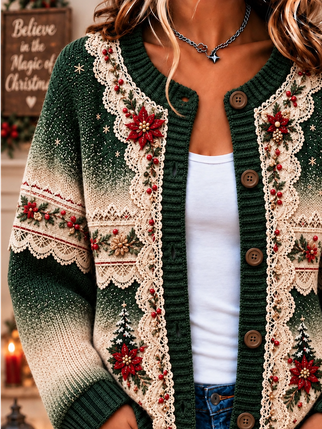 Women Christmas Printing Long Sleeve Crew Neck Vintage Spring/Fall Cardigan Outerwear