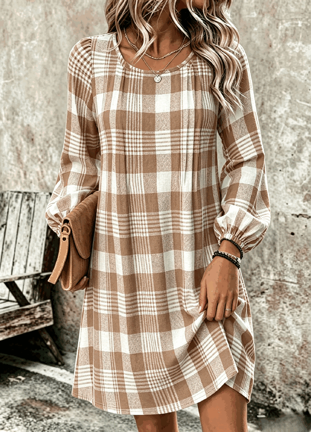 Women Plaid Long Sleeve Crew Neck Dress Daily Vintage Midi T-Shirt Dress A-Line Spring/Fall Dress