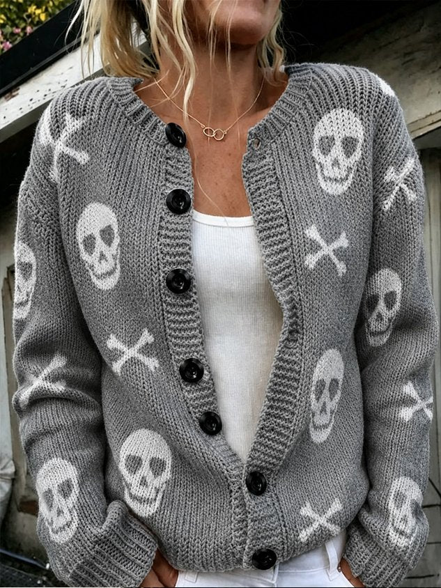 Women Skull Long Sleeve Crew Neck Vintage Spring/Fall Cardigan Outerwear