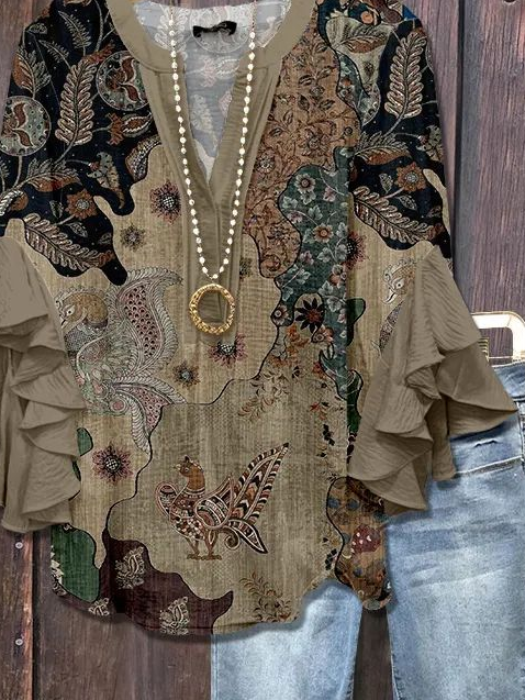 Women Floral Half Sleeve Shirt Summer Printing V Neck Daily Casual Top