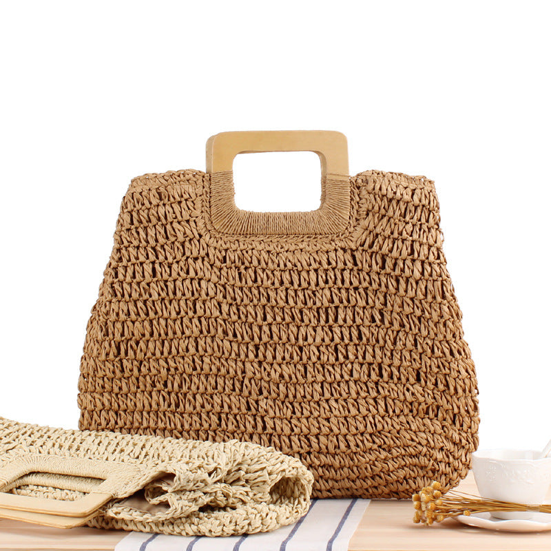 Retro Hand-Woven Bag Large Capacity Portable Hollow Out Cutout Straw Bag Seaside Vacation Beach Bag