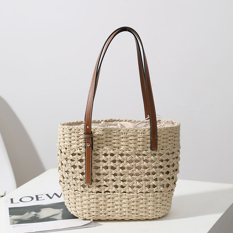 Straw Woven Bag Women Hollow Out Cutout Handmade Straw Bag Woven Bag Shoulder Portable Straw Weaved Bag Seaside Vacation Beach Bag