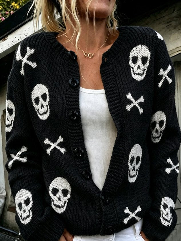 Women Skull Long Sleeve Crew Neck Vintage Spring/Fall Cardigan Outerwear