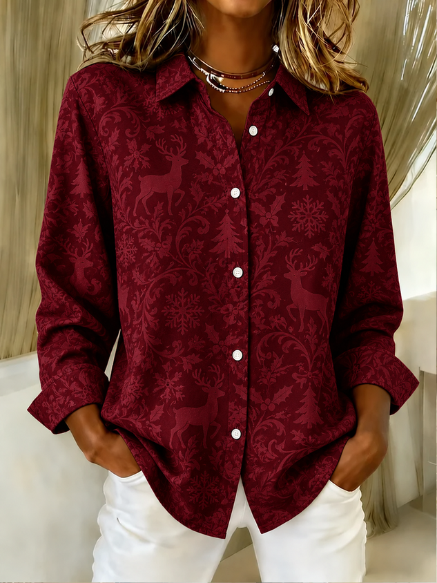 Women Christmas Shirt Collar Long Sleeve Shirt Printing Vintage Holiday Spring/Fall Top