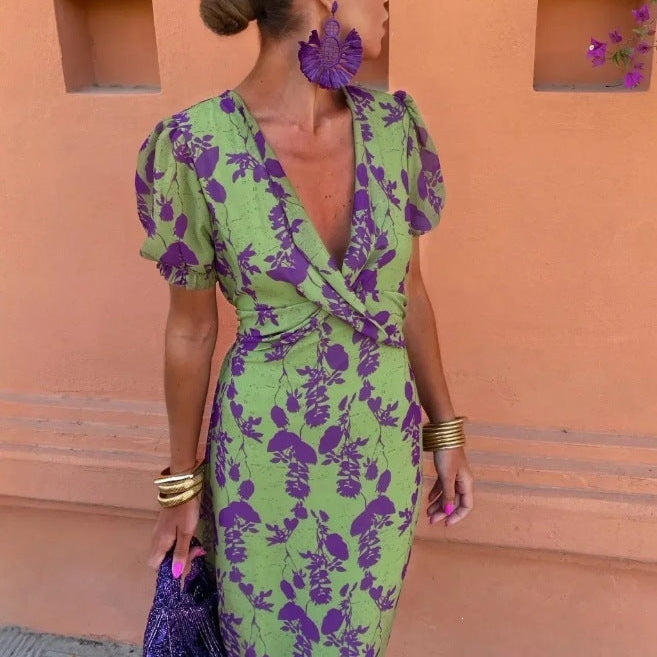 Women's Ruched Maxi Dress – V-Neck Short Sleeve, Form-Fitting Printed Elegant