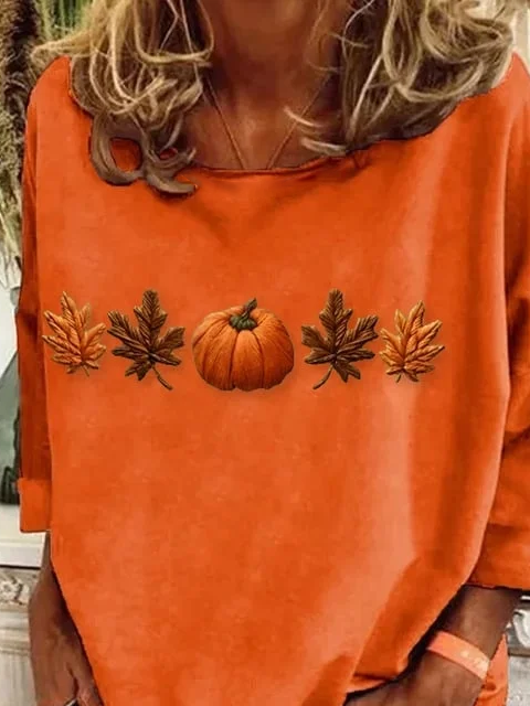 Women Halloween Maple Leaf Long Sleeve Tee T-shirt Crew Neck Printing Casual Spring/Fall Graphic Tee Top