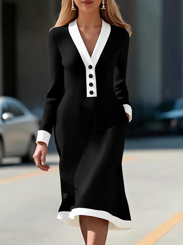 Women Plain Long Sleeve V Neck Dress Party Casual Midi Sweater A-Line Spring/Fall Dress
