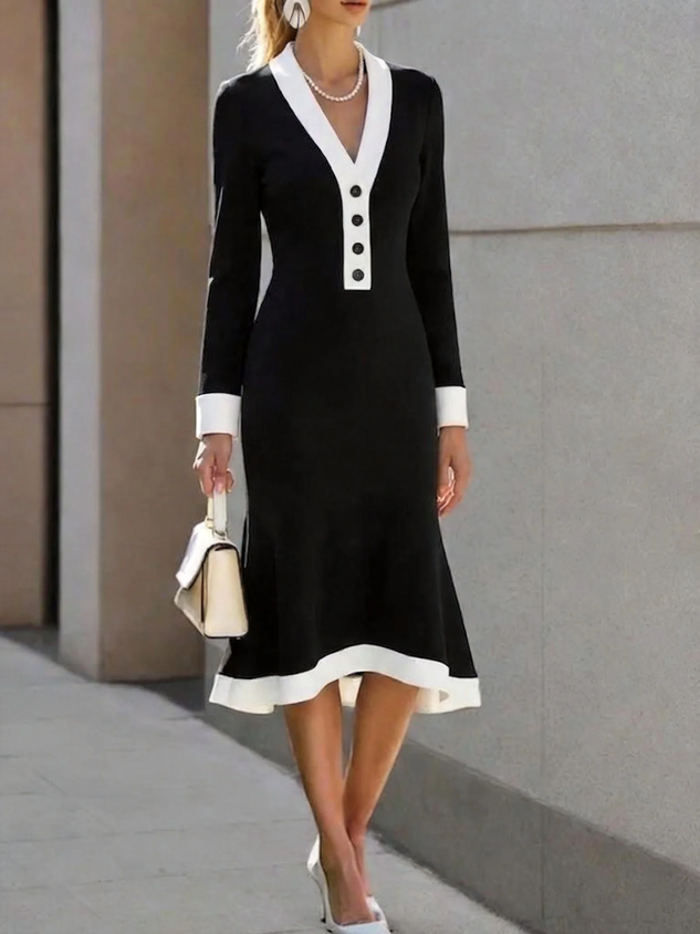 Women Plain Long Sleeve V Neck Dress Party Casual Midi Sweater A-Line Spring/Fall Dress