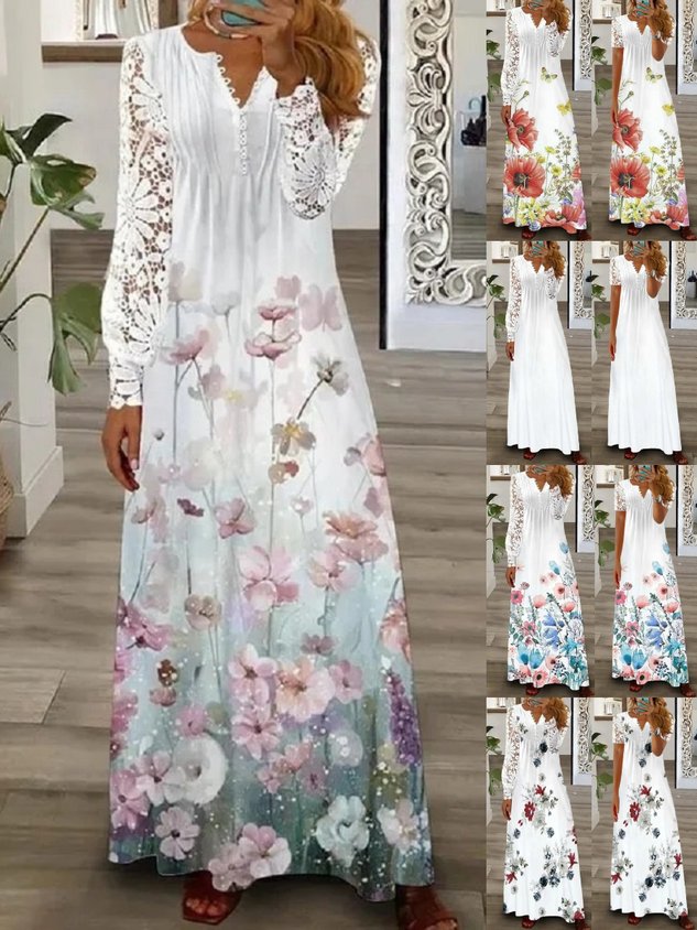 Women Floral Long Sleeve Spring/Fall Printing Dress V Neck Daily Vintage Maxi T-Shirt Dress A-Line Dress