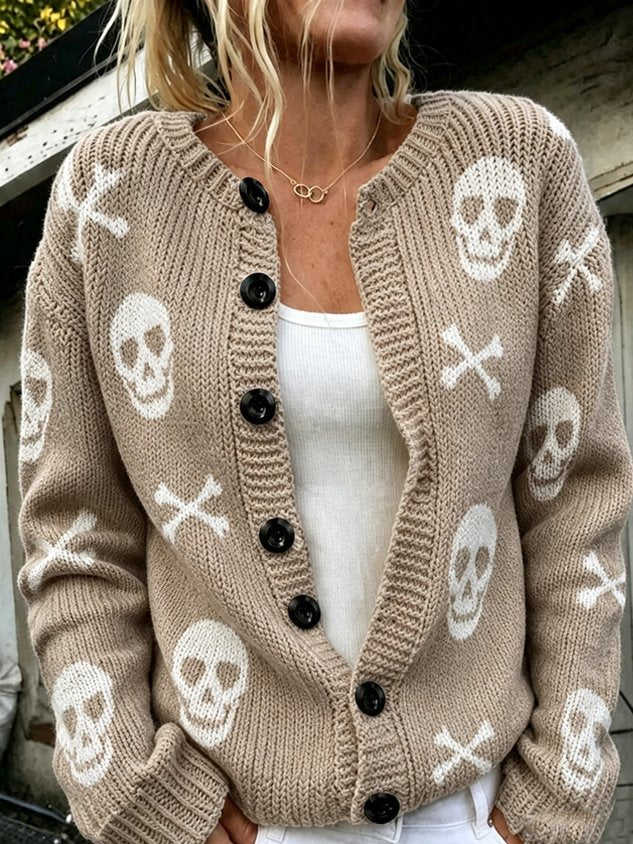 Women Skull Long Sleeve Crew Neck Vintage Spring/Fall Cardigan Outerwear