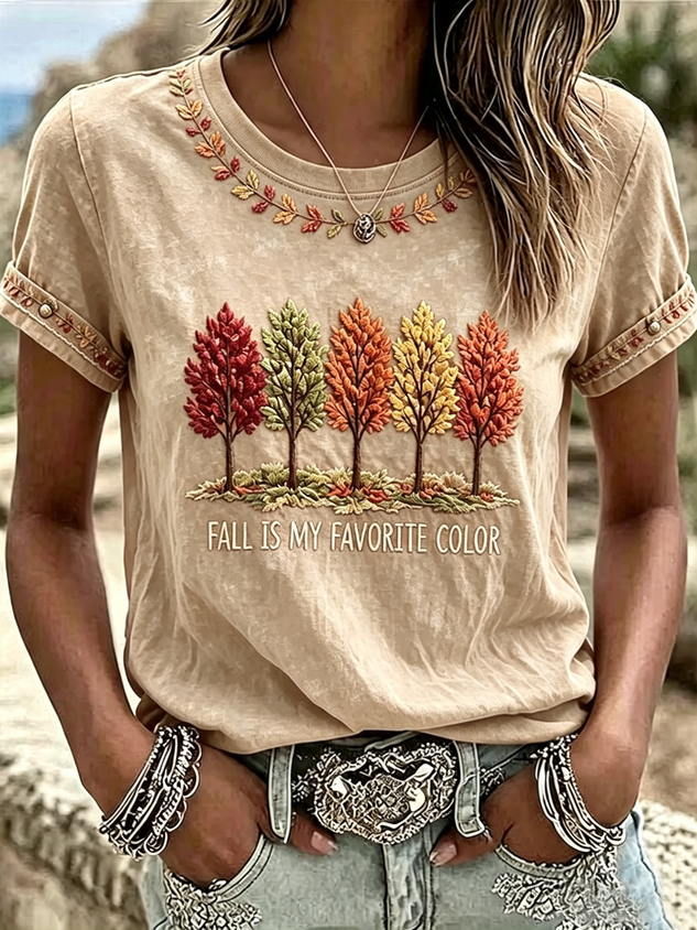 Women Maple Leaf Short Sleeve Tee T-shirt Crew Neck Printing Casual Graphic Tee Summer Top
