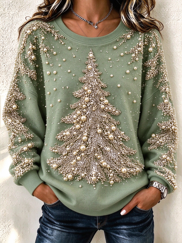 Women Christmas Tree Crew Neck Casual Spring/Fall Long Sleeve Sweatshirt