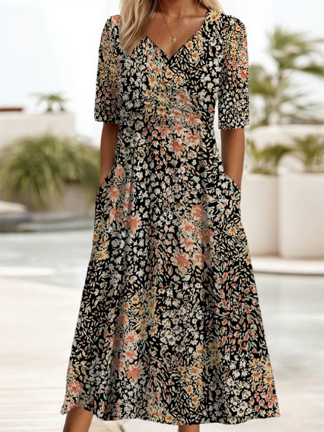 Women Floral Short Sleeve Summer Printing Dress V Neck Daily Casual Maxi A-Line Dress