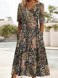 Women Floral Short Sleeve Summer Printing Dress V Neck Daily Casual Maxi A-Line Dress