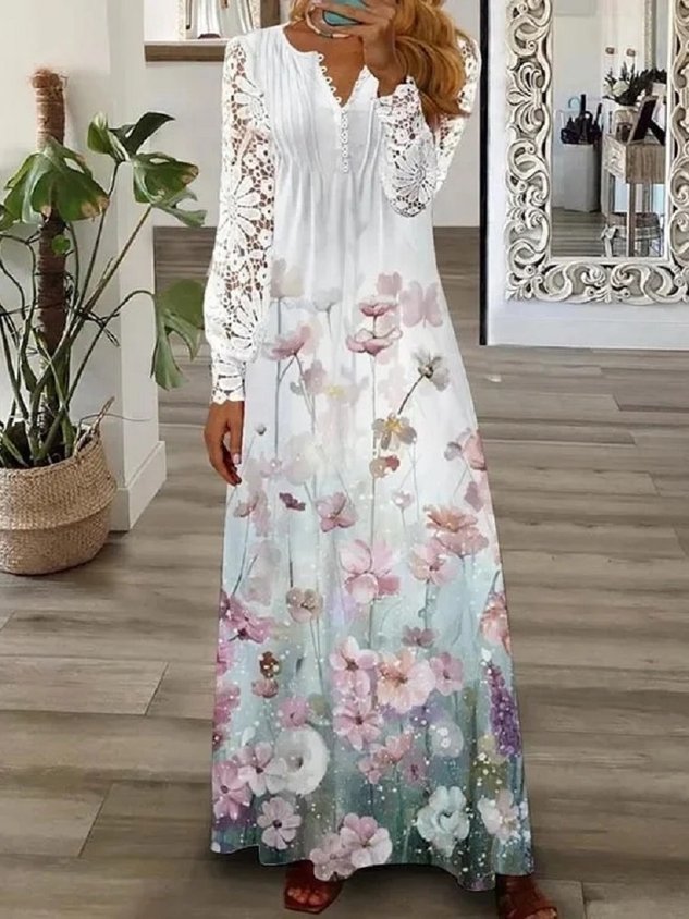 Women Floral Long Sleeve Spring/Fall Printing Dress V Neck Daily Vintage Maxi T-Shirt Dress A-Line Dress