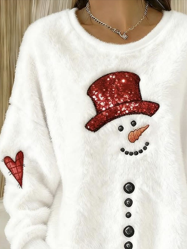 Women Christmas Snowman Crew Neck Printing Casual Winter Long Sleeve Sweatshirt