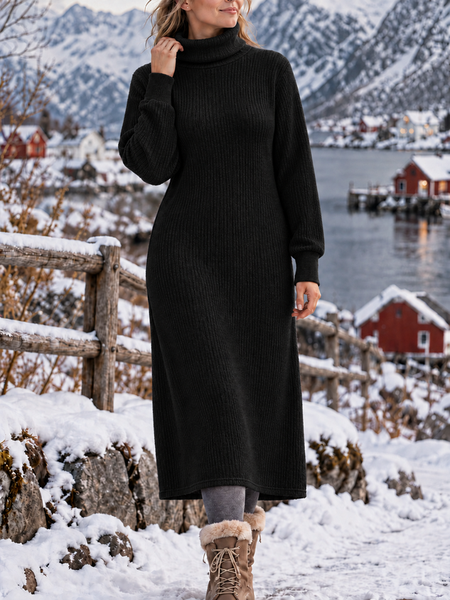 Women Plain Long Sleeve Turtleneck Dress Daily Casual Maxi Shift Dress H-Line Spring/Fall Dress