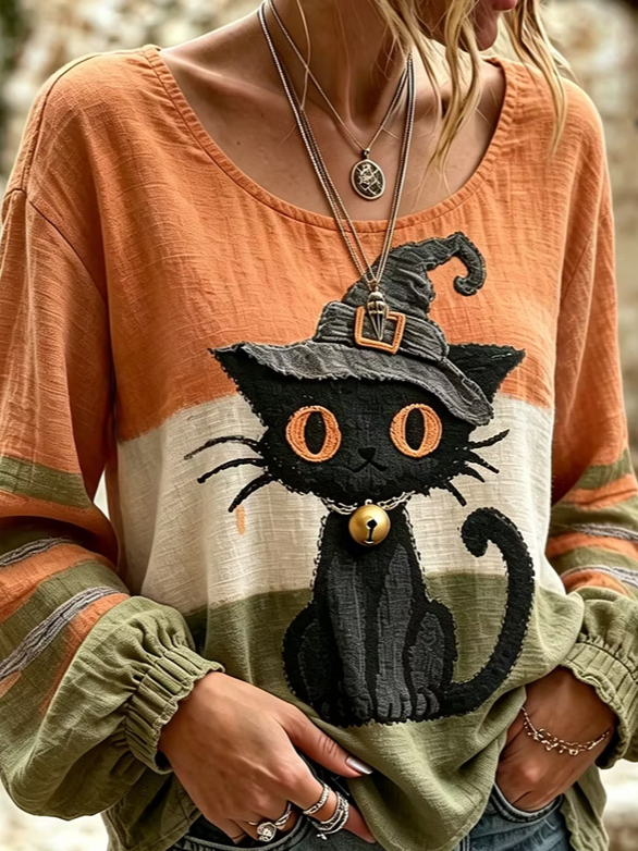 Women Color Block Crew Neck Long Sleeve Blouse Printing Vintage Holiday Spring/Fall Top