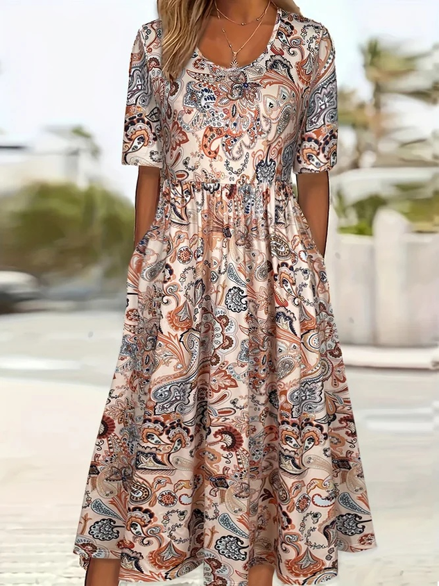 Women Floral Short Sleeve Summer Printing Dress Crew Neck Daily Casual Maxi Shift Dress H-Line Dress