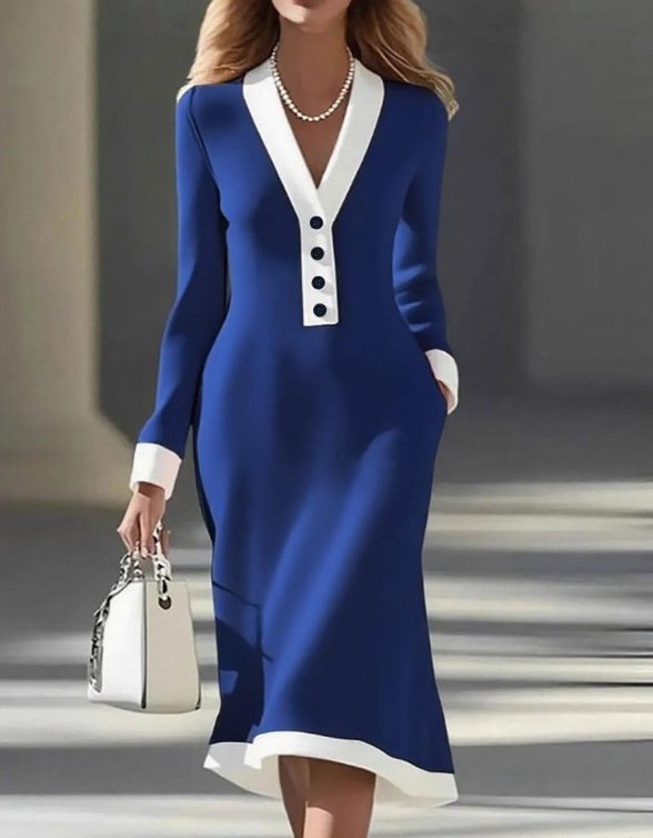 Women Plain Long Sleeve V Neck Dress Party Casual Midi Sweater A-Line Spring/Fall Dress