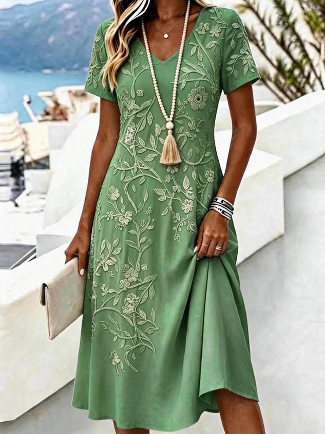 Women Floral Short Sleeve V Neck Dress Daily Vintage Midi A-Line Summer Dress