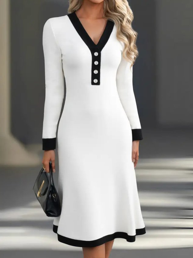 Women Plain Long Sleeve V Neck Dress Party Casual Midi Sweater A-Line Spring/Fall Dress
