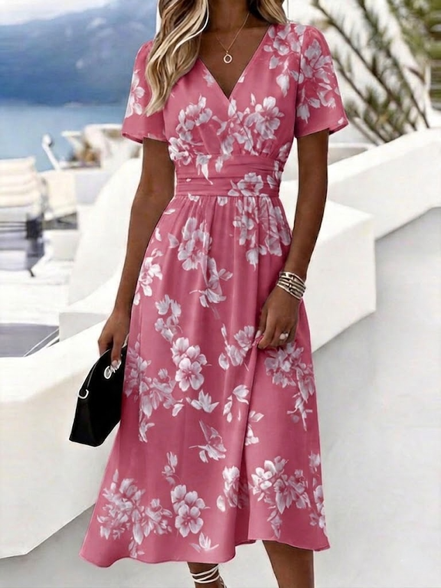 Women Floral Short Sleeve V Neck Dress Daily Elegant Maxi Beach Dress A-Line Summer Dress
