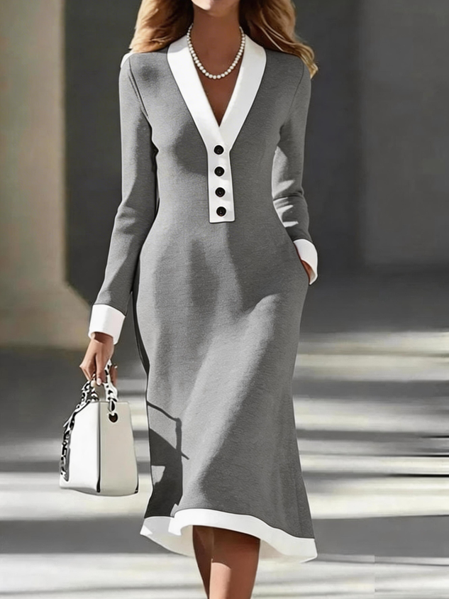 Women Plain Long Sleeve V Neck Dress Party Sexy Midi Hip Skirt A-Line Spring/Fall Dress