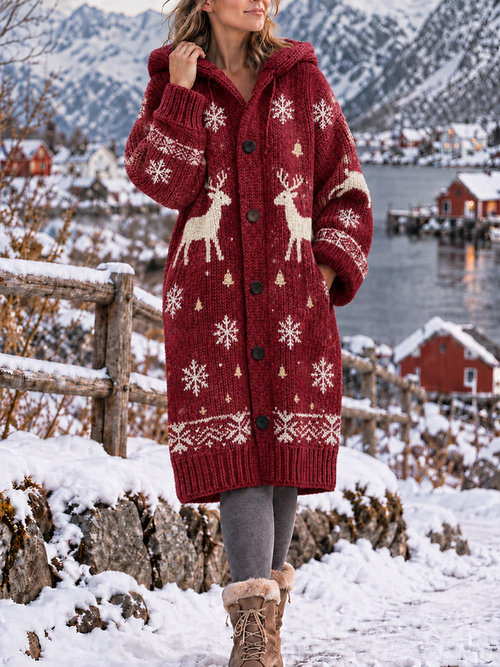 Women Christmas Buckle Long Sleeve Hoodie Casual Spring/Fall Cardigan Outerwear