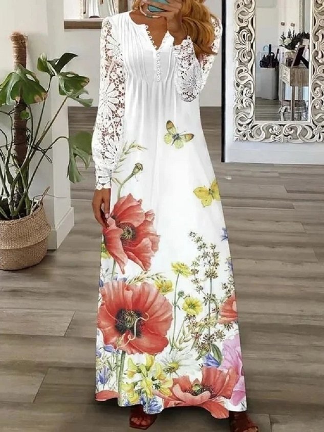 Women Floral Long Sleeve Spring/Fall Printing Dress V Neck Daily Vintage Maxi T-Shirt Dress A-Line Dress
