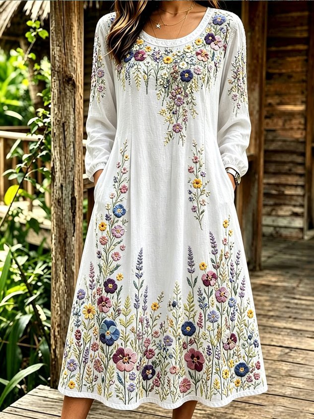 Women Floral Long Sleeve Crew Neck Dress Daily Vintage Maxi Linen H-Line Spring/Fall Dress