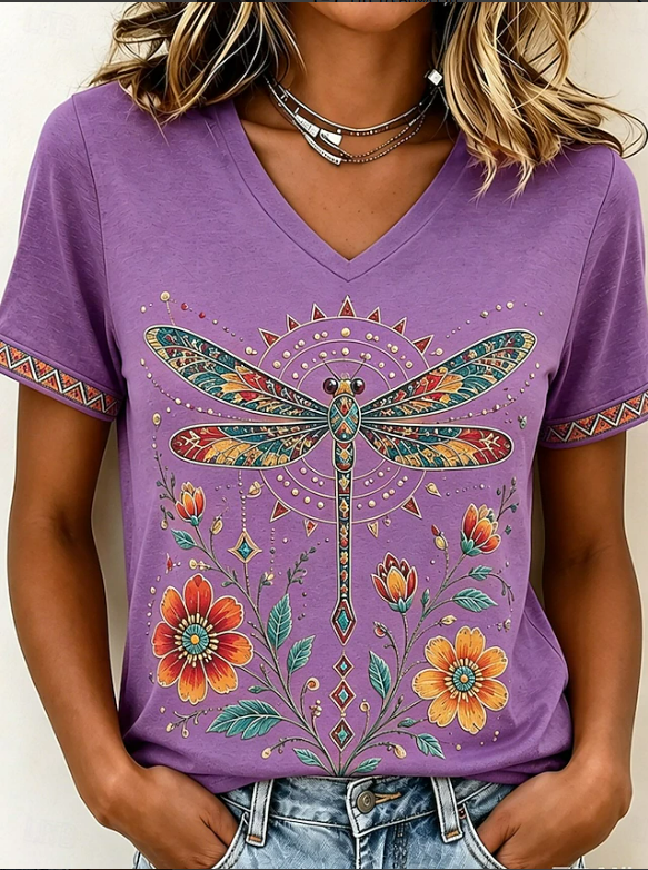 Women Geometric Short Sleeve Tee T-shirt V Neck Vintage Summer Top
