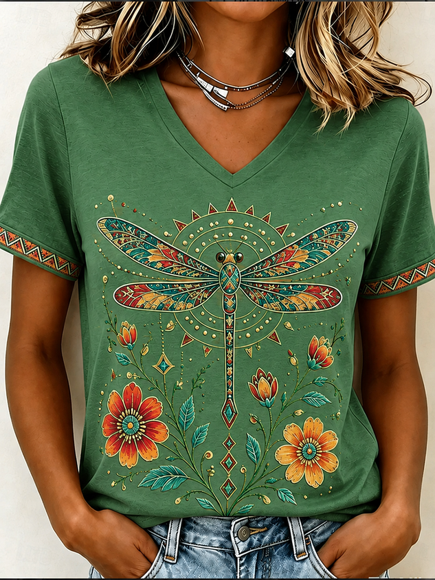 Women Geometric Short Sleeve Tee T-shirt V Neck Vintage Summer Top