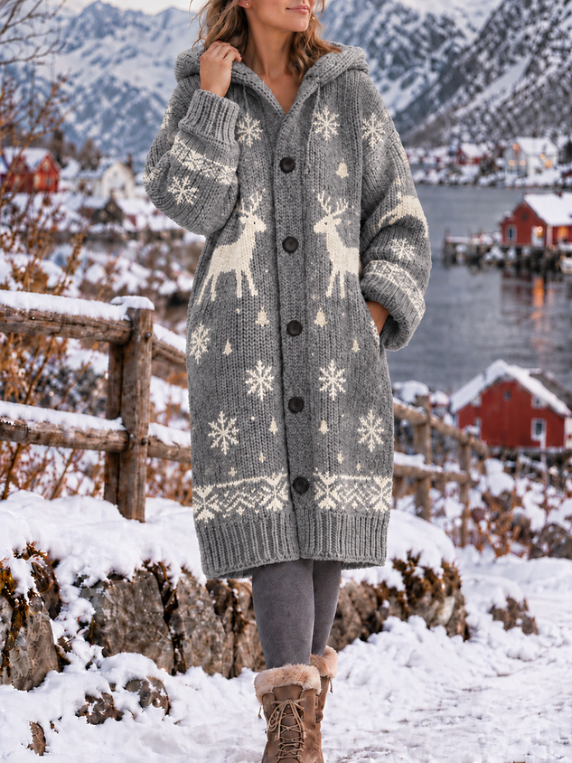 Women Christmas Buckle Long Sleeve Hoodie Casual Spring/Fall Cardigan Outerwear