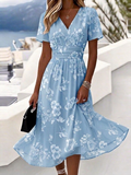 Women Floral Short Sleeve V Neck Dress Daily Elegant Maxi Beach Dress A-Line Summer Dress