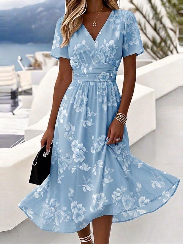 Women Floral Short Sleeve V Neck Dress Daily Elegant Maxi Beach Dress A-Line Summer Dress