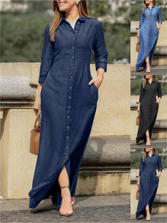 Women Plain Long Sleeve Spring/Fall Dress Stand Collar Daily Casual Maxi Shirt Dress H-Line Dress