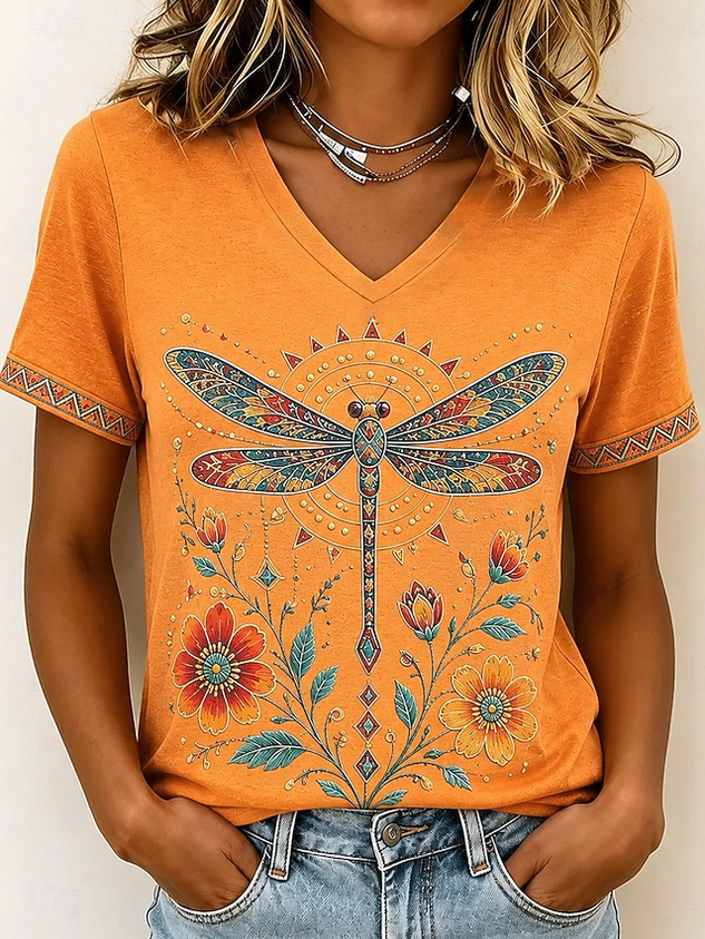 Women Geometric Short Sleeve Tee T-shirt V Neck Vintage Summer Top