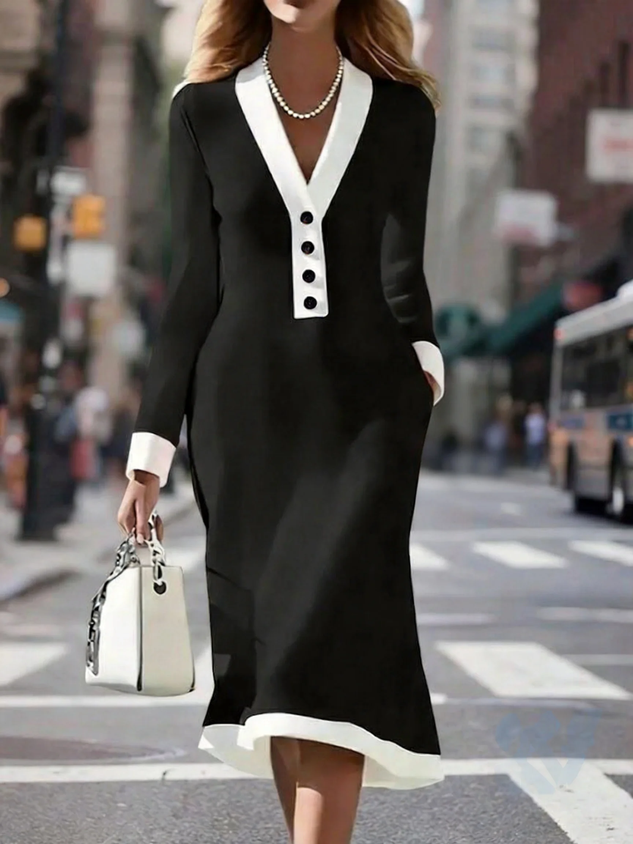 Women Plain Long Sleeve V Neck Dress Party Casual Midi Sweater A-Line Spring/Fall Dress