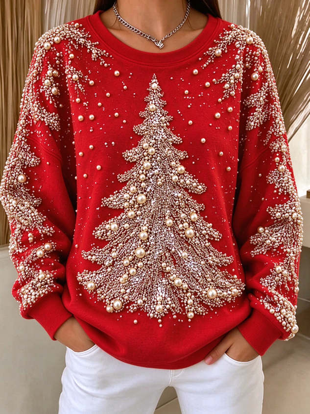 Women Christmas Tree Crew Neck Casual Spring/Fall Long Sleeve Sweatshirt
