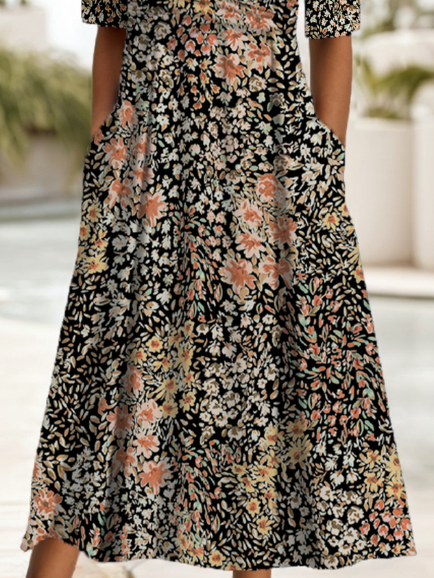 Women Floral Short Sleeve Summer Printing Dress V Neck Daily Casual Maxi A-Line Dress