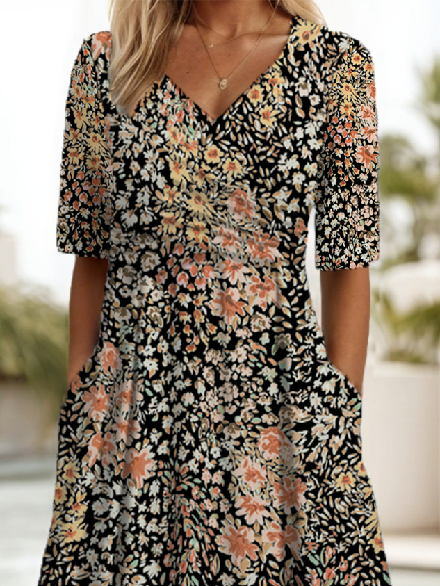 Women Floral Short Sleeve Summer Printing Dress V Neck Daily Casual Maxi A-Line Dress