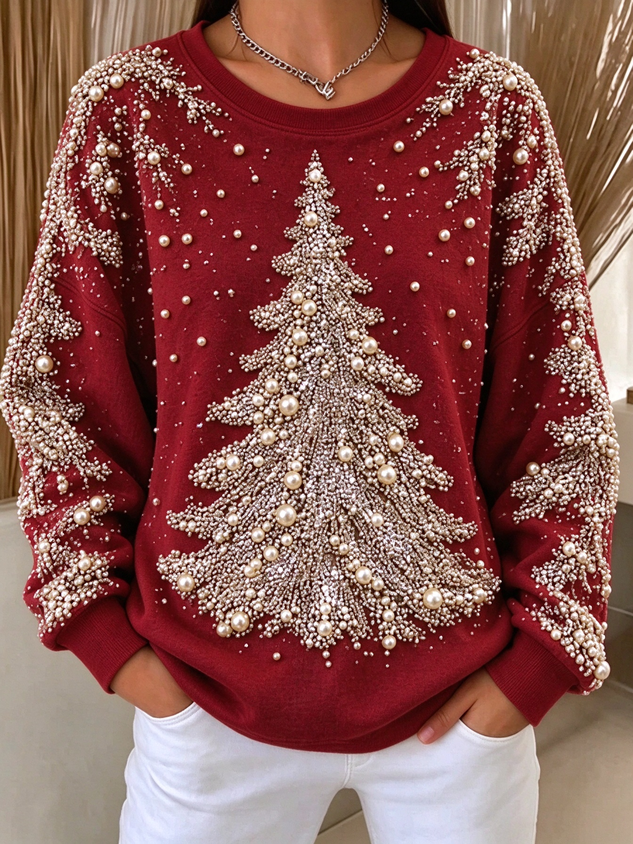 Women Christmas Tree Crew Neck Casual Spring/Fall Long Sleeve Sweatshirt