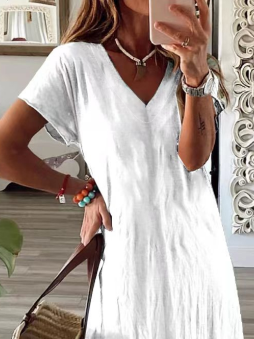 Women Floral Short Sleeve Summer Printing Dress V Neck Daily Casual Maxi T-Shirt Dress X-Line Dress