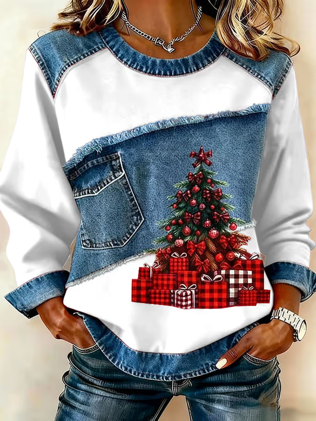 Women Christmas Crew Neck Printing Vintage Spring/Fall Long Sleeve Sweatshirt