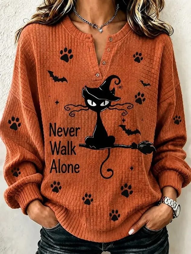 Women Text Letters Henley Collar Casual Spring/Fall Long Sleeve Sweatshirt